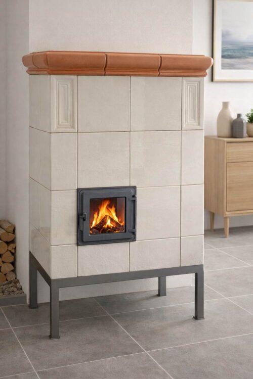 Kachľová pec na nohách so zdobenými rohmi