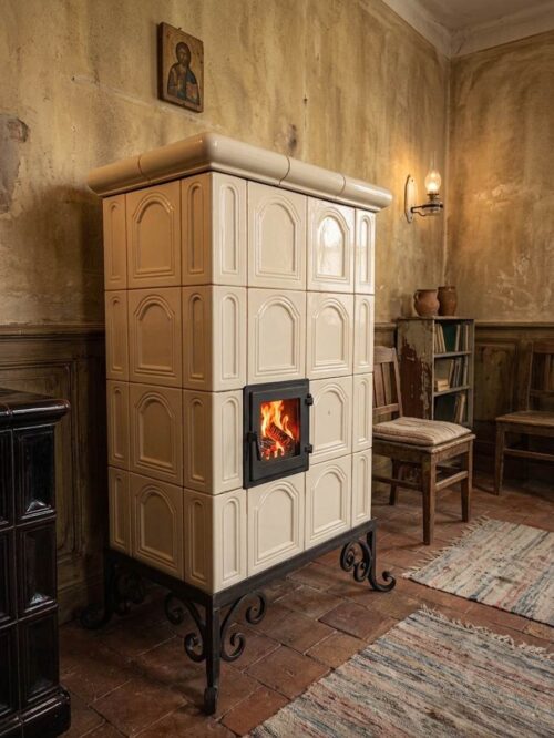 kachlova pec na nohach bezova prenosna presklene dvierka